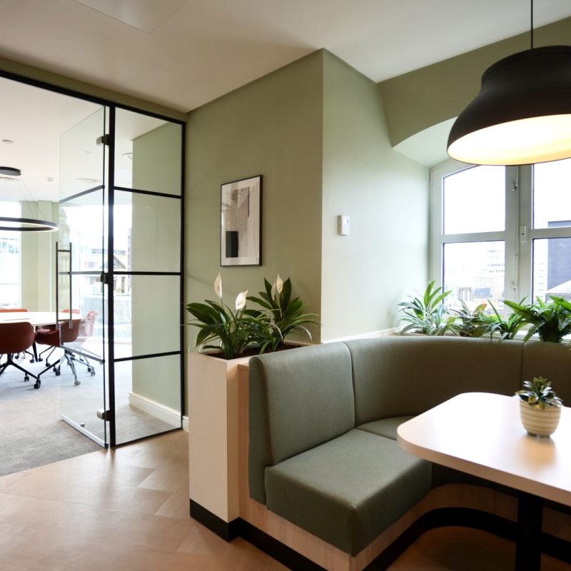 bespoke meeting booth fixed reception seating with planting