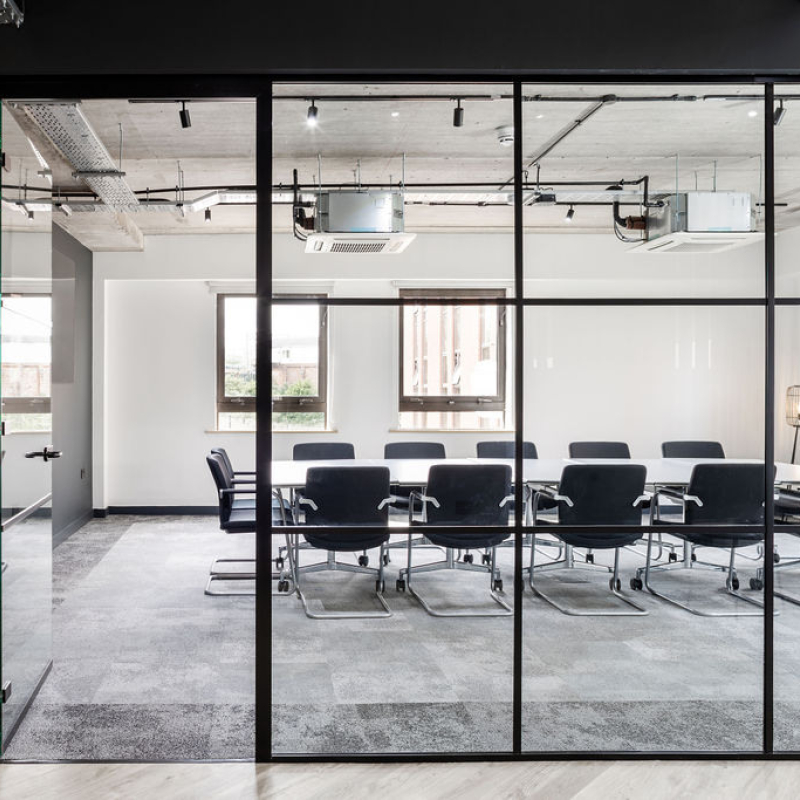 direct shot looking into the meeting room showing crittal style glazing