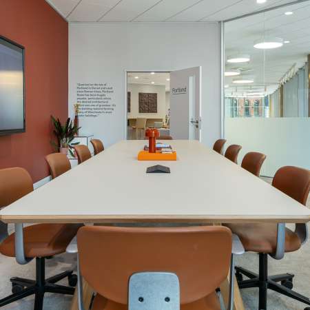 boardroom with AV on wall and looking down room view